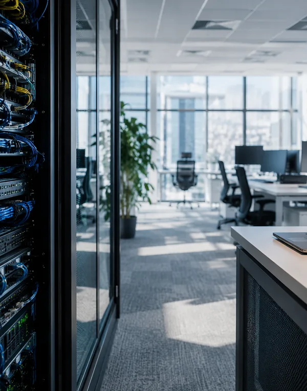 Server rack and open-plan office at MisrTech